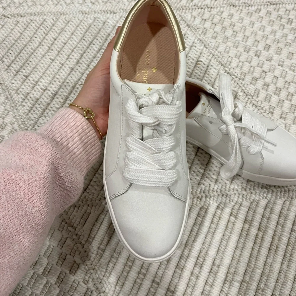 Kate Spade New York Adora Leather White and Gold Sneakers